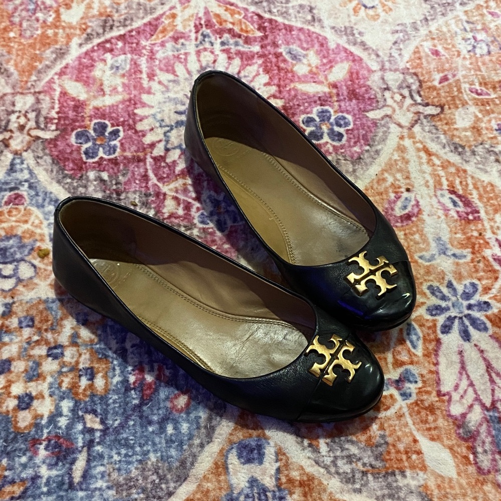 Tory Burch Black Flats with Gold Logo